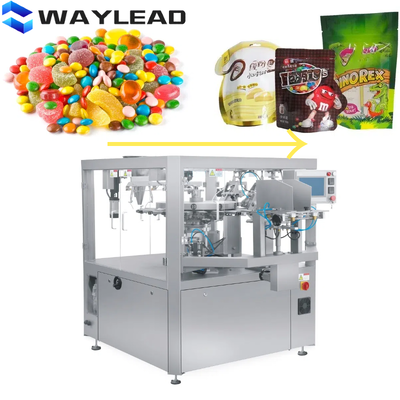 Macchina automatica per imballaggio di sacchetti stand-up pre-fatti con cerniera per frutta secca, snack, liquidi e polveri